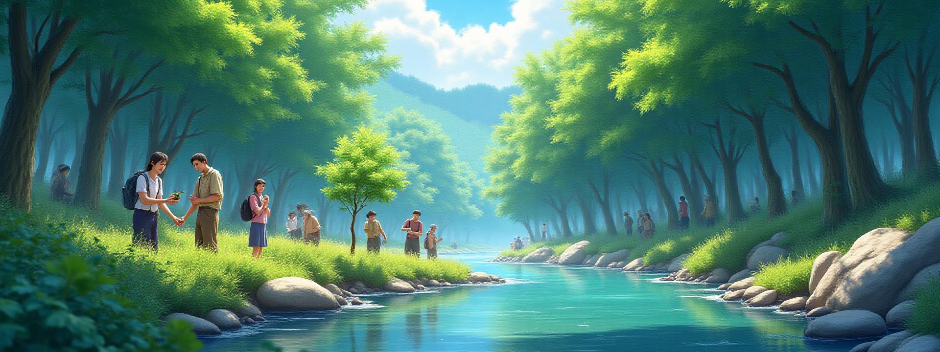 美しい自然の中で人々が協力し、持続可能な未来を築くイメージ